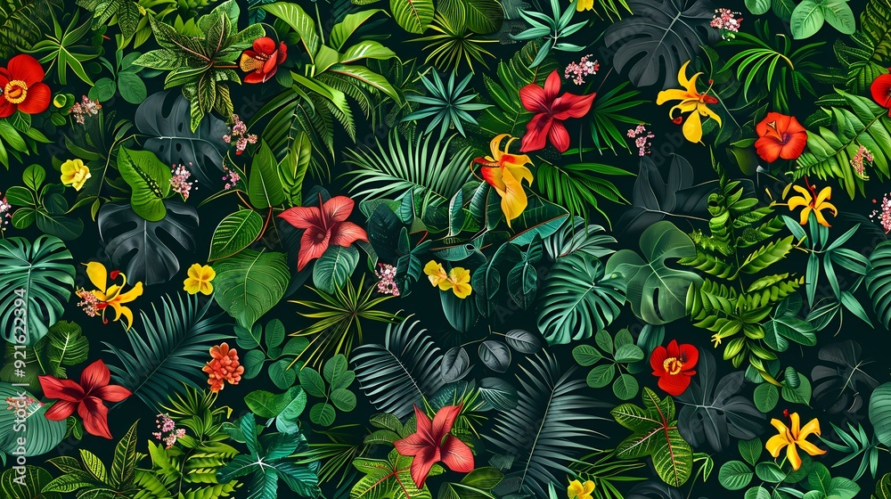 Seamless pattern of tropical leaves and flowers. Seamless pattern of tropical leaves and flowers.