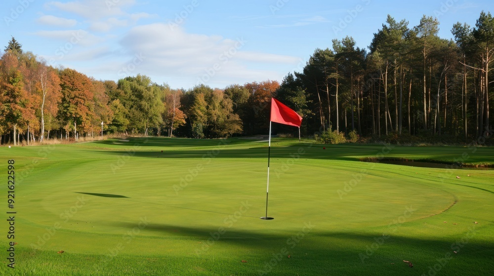 Obraz premium Golf course, green and a red flag on the center golf hole.