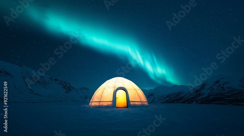 A stunning igloo illuminated under the northern lights, set against a dark winter landscape, showcasing nature's beauty.