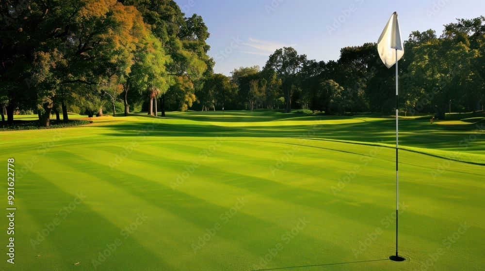 Obraz premium Golf course, green and a red flag on the center golf hole.