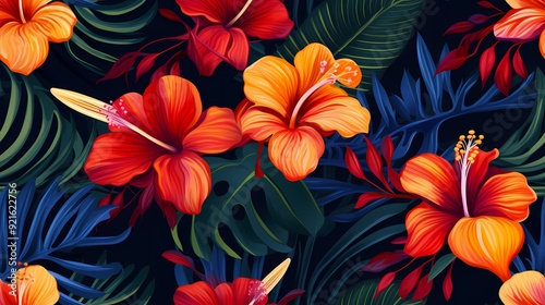 Seamless tropical pattern with vibrant hibiscus flowers and lush green leaves on a dark background.