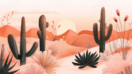 a pink-flowered cactus in a desert landscape during a vibrant sunset