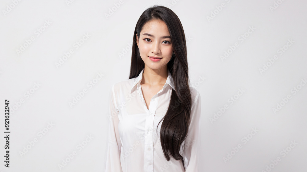 A beautiful Japanese woman in a white tank top smiles gently, highlighted by a simple white background, perfect for beauty and skincare concepts. A beautiful Japanese woman in a white tank top smiles gently, highlighted by a simple white background, perfect for beauty and skincare concepts.