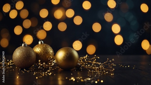 Dark abstract gold empty lights bokeh festive night celebration background christmas table