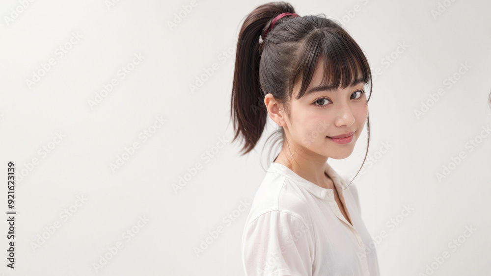 A beautiful Japanese woman in a white tank top smiles gently, highlighted by a simple white background, perfect for beauty and skincare concepts. A beautiful Japanese woman in a white tank top smiles gently, highlighted by a simple white background, perfect for beauty and skincare concepts.
