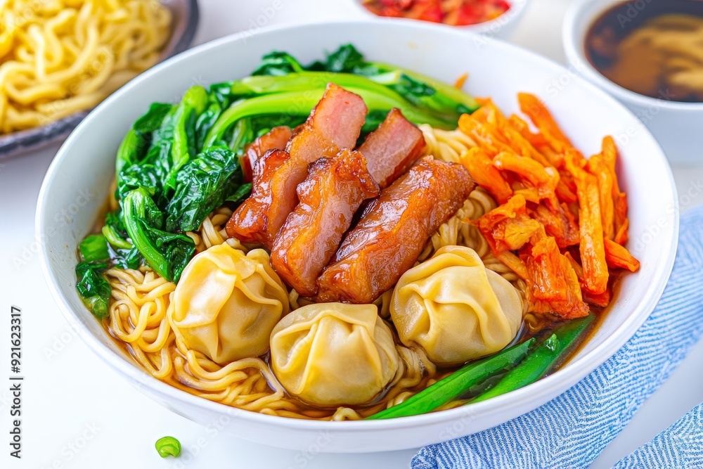 Wonton Mee Malaysia Egg noodles with wontons, char siu, and vegetables, served with a savory broth Wonton Mee Malaysia Egg noodles with wontons, char siu, and vegetables, served with a savory broth