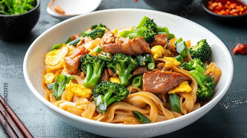 Pad See Ew Thailand Stirfried flat noodles with Chinese broccoli, eggs, and a choice of meat, served with chili vinegar