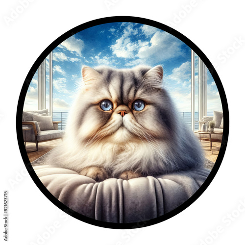 A circular 3D rendered watercolor painting of a Persian cat, isolated on a transparent background photo