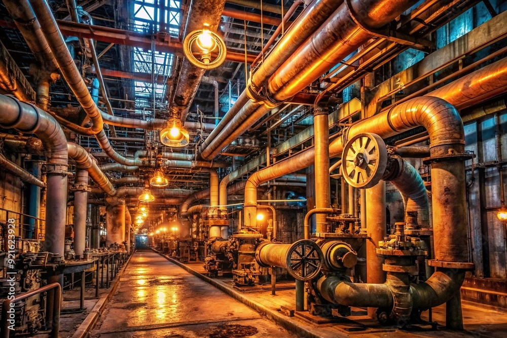 Massive industrial space filled with rows of rusted pipes, valves, and gauges, illuminated by bright overhead lighting, conveying a sense of mechanical intensity. Massive industrial space filled with rows of rusted pipes, valves, and gauges, illuminated by bright overhead lighting, conveying a sense of mechanical intensity.