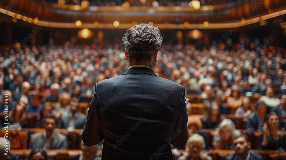 Public speaker addresses a large audience in a grand auditorium during a formal event Public speaker addresses a large audience in a grand auditorium during a formal event