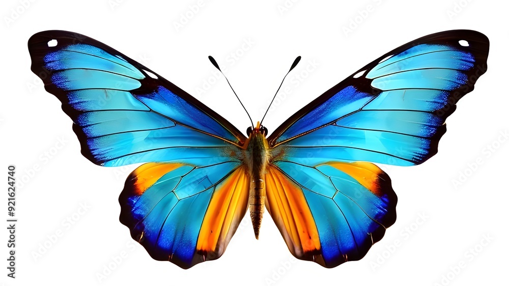 Very beautiful blue yellow orange butterfly in flight isolated on a transparent background.
butterfly isolated on white background