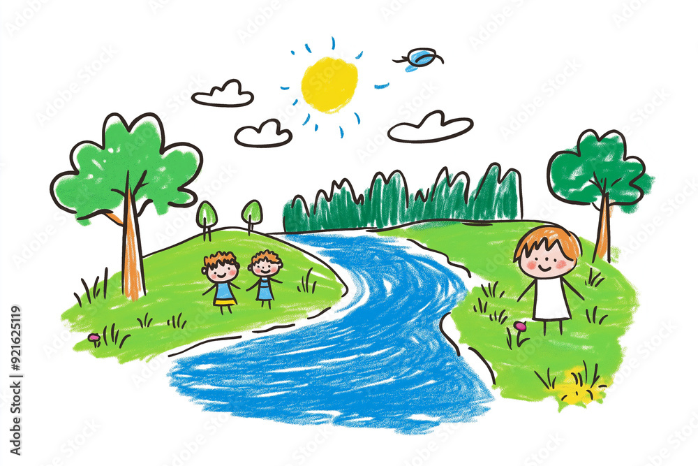 Obraz premium Children art in notebook kids design by Color pencil. Children hand-drawn the river. Stick figure illustration isolated on a white background. art book