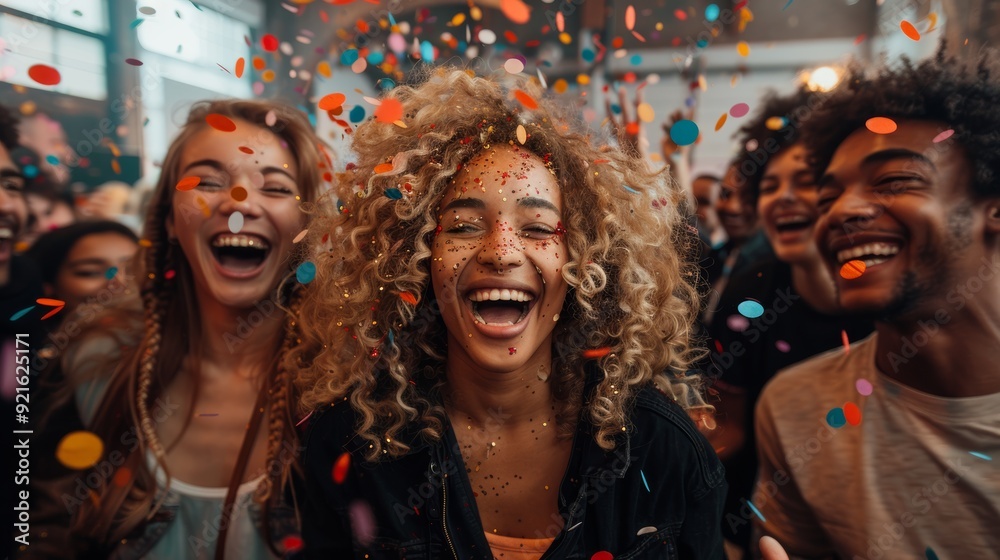 Friends celebrate joyfully at a vibrant party with colorful confetti in a lively indoor setting Friends celebrate joyfully at a vibrant party with colorful confetti in a lively indoor setting