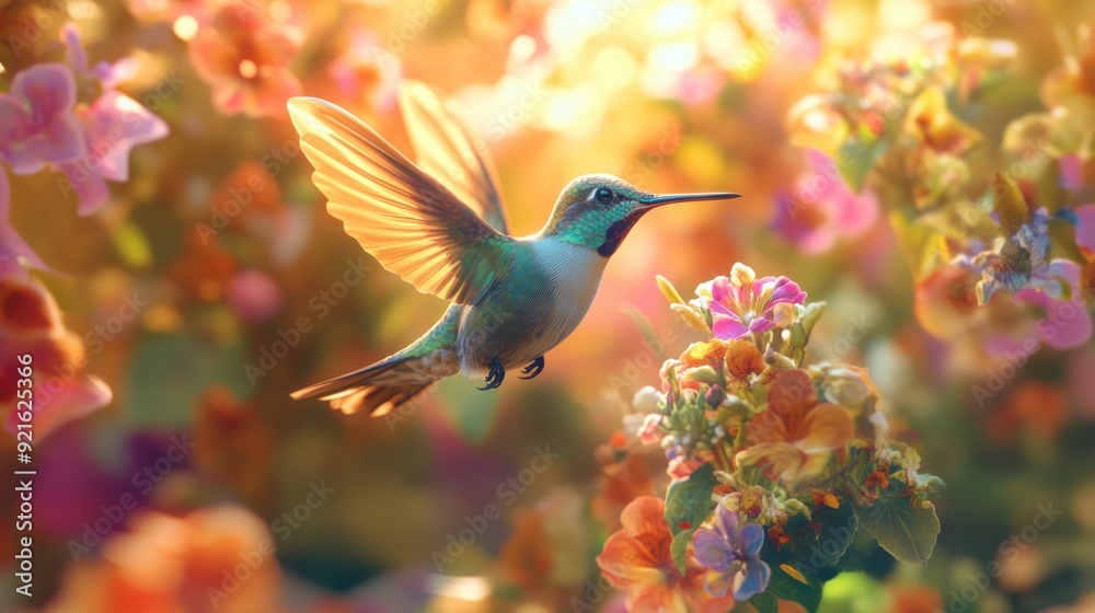 Fototapeta premium Hummingbird in Flight Over a Garden of Colorful Flowers