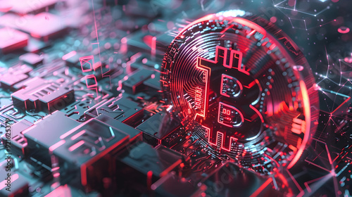 Bitcoin 3D Illustration - Red and Blue Glowing Digital Coin