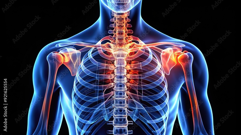High-contrast X-ray image of a human shoulder, showcasing detailed anatomy of bones, joints, and collarbone in precise skeletal structure, for medical and educational use. High-contrast X-ray image of a human shoulder, showcasing detailed anatomy of bones, joints, and collarbone in precise skeletal structure, for medical and educational use.