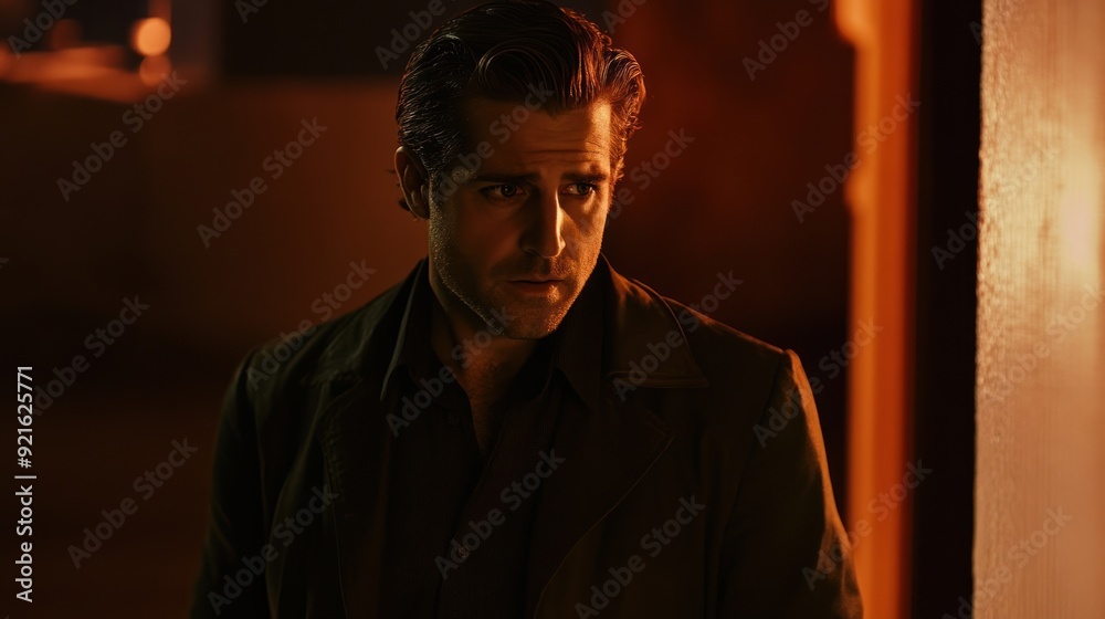 Obraz premium A Man in a Dark Coat Looks Away From the Camera in a Warmly Lit Room