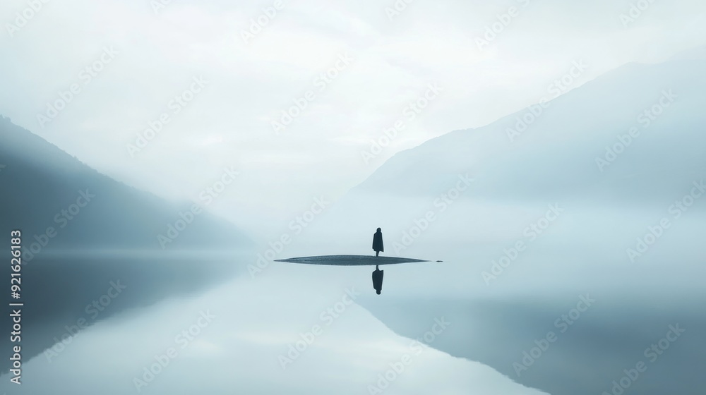 Solitary Figure Standing on a Small Island in a Misty Lake Solitary Figure Standing on a Small Island in a Misty Lake