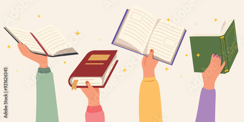 Book in hands, Concept of reading and literature. Education and knowledge vector concept. Hands holding books, library day.