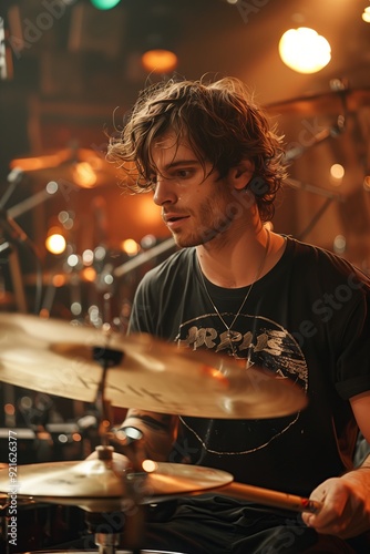A drummer playing with intense energy. In the background is a drum set and stage lights.
