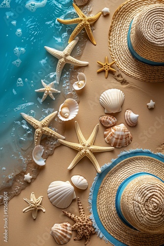 Sun-Kissed Shores and Straw Hats: A tranquil beach scene beckons with scattered seashells, starfish, and the gentle caress of turquoise waves. Two straw hats invite you to relax and embrace the sereni