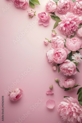 Pink Peony Paradise: A cascade of delicate pink peonies and rosebuds grace a soft pink backdrop, creating a romantic and feminine floral fantasy.