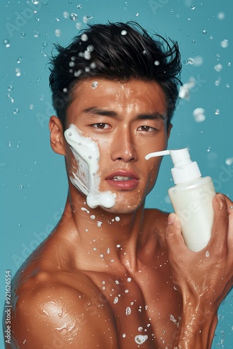 Refreshing Clean: A handsome young man embraces a splash of invigorating skincare, lathering his face with a gentle cleanser amidst a cascade of refreshing water droplets.