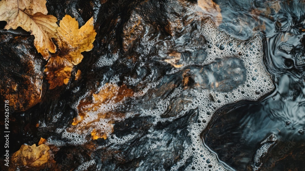 Autumn Leaves Submerged in a Stream with Bubbles Autumn Leaves Submerged in a Stream with Bubbles
