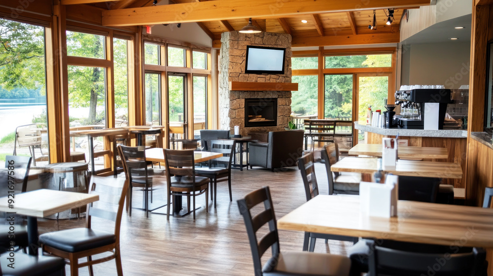 Obraz premium A cozy coffee shop by calm lake, wooden beams and stone accents