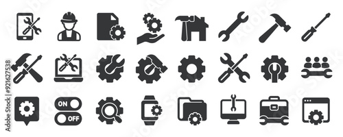 Repair glyph solid icons collection. Containing content setting, engineering, tools, fix. Minimal icon and symbol series vector illustration photo