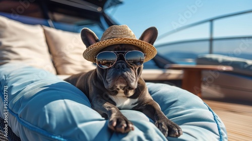 French Bulldog Wearing Sunglasses and Hat on a Yacht