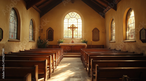 A peaceful church interior featuring wooden pews, an altar with a cross, and beautiful stained glass windows illuminating the space with warm light.