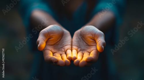 Close-up of open hands gently offering a warm, glowing light in a dark setting, symbolizing giving, hope, and spirituality.