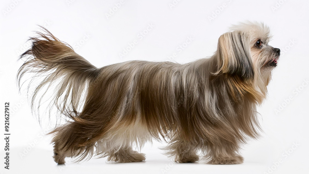 Perro con pelo largo caminando de perfil Perro con pelo largo caminando de perfil