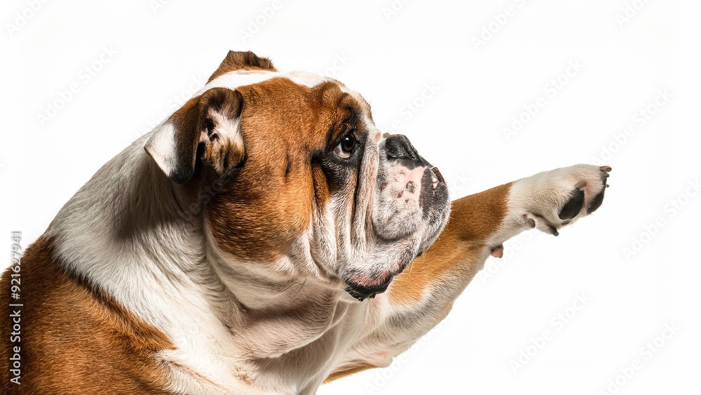 Perro bulldog señalando con la pata de perfil Perro bulldog señalando con la pata de perfil