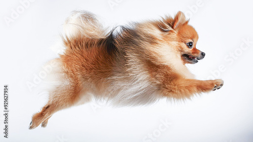 Perro pomerania saltando en el aire feliz de perfil photo