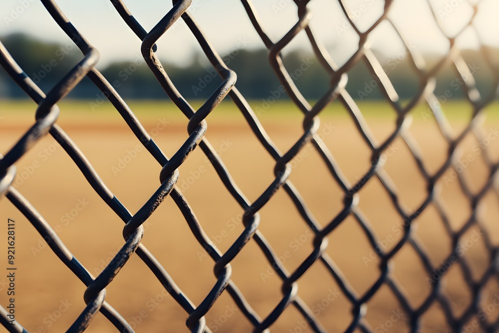 A chain link fence with a few links missing. The fence is on a baseball field. Scene is somewhat bleak and desolate A chain link fence with a few links missing. The fence is on a baseball field. Scene is somewhat bleak and desolate