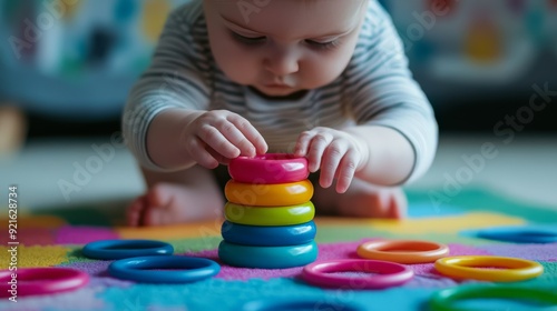 A baby focuses intently on stacking colorful rings during playtime, developing coordination and motor skills on a soft playmat.