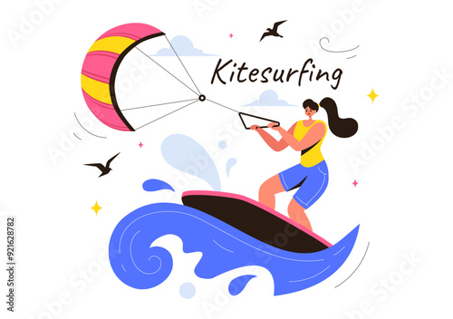 Kitesurfing Vector Illustration featuring a Kite Surfer Standing on a Kiteboard in the Summer Sea in Extreme Water Sports with a Cartoon Background