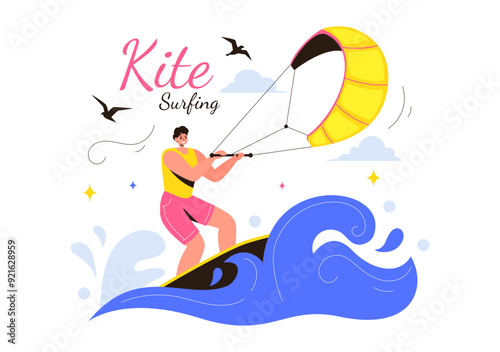 Kitesurfing Vector Illustration featuring a Kite Surfer Standing on a Kiteboard in the Summer Sea in Extreme Water Sports with a Cartoon Background