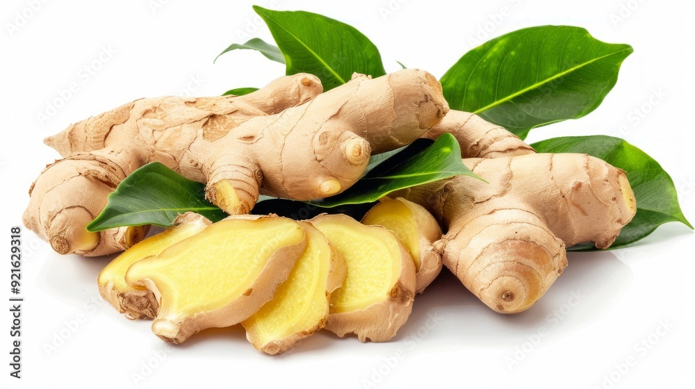 Flat lay of Fresh ginger rhizome with slices isolated on white background. Flat lay of Fresh ginger rhizome with slices isolated on white background.