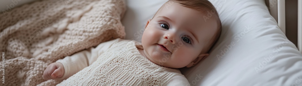 Adorable baby in cozy knit outfit lying in a crib, smiling and looking peaceful, wrapped in a soft blanket. Adorable baby in cozy knit outfit lying in a crib, smiling and looking peaceful, wrapped in a soft blanket.