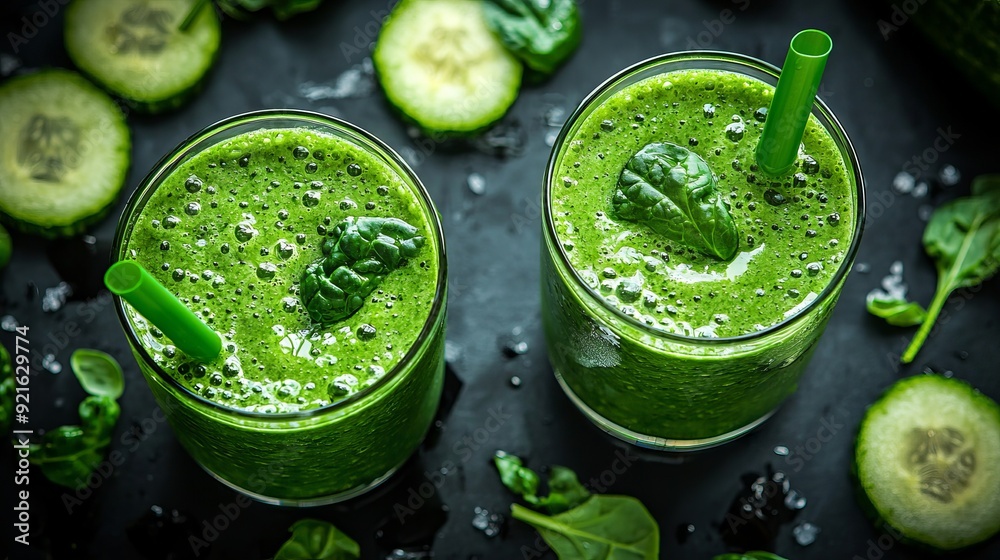 Green detox smoothie in glass with cucumber slices and spinach Green detox smoothie in glass with cucumber slices and spinach