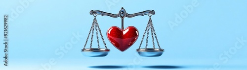 A balance scale with a red heart symbolizes love and justice, showcasing the delicate equilibrium between emotion and fairness. photo