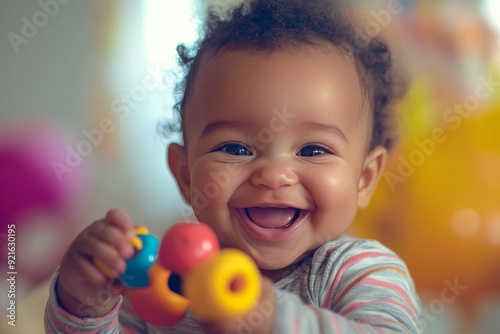 Adorable baby smiling joyfully holding colorful toy, bright background. Perfect for family, joy, childhood, and happiness concepts.