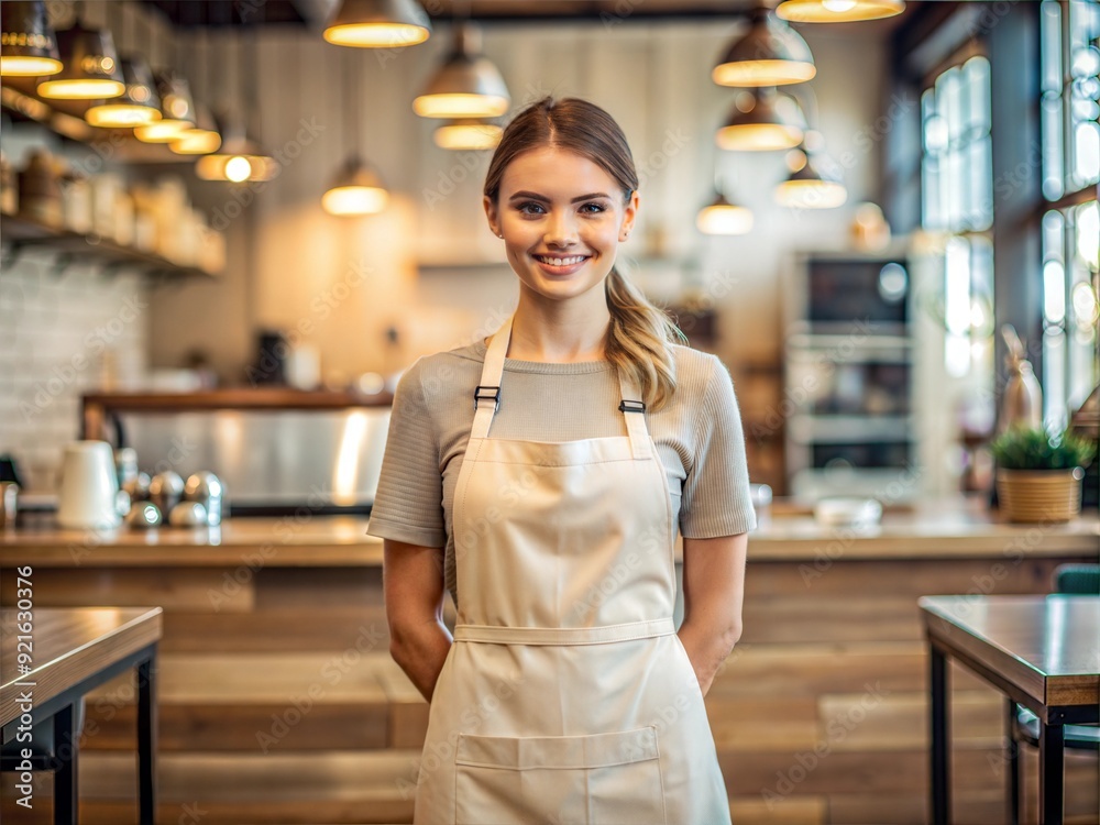 Fototapeta premium Blank mock up apron cream color coffee shop barista smiling young beautiful Caucasian lady indoor