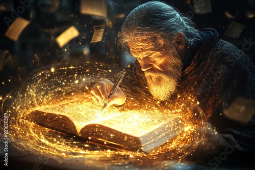 An elderly scholar writes in an enchanting book, surrounded by magical sparks and floating pages, evoking a sense of wonder and knowledge. photo