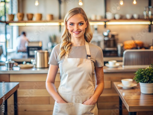 Blank mock up apron cream color coffee shop barista smiling young beautiful Caucasian lady indoor