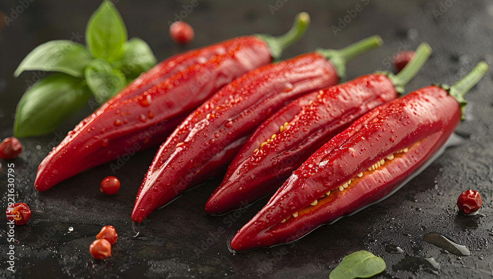 Three vibrant red hot peppers arranged on a sleek black surface, showcasing their glossy texture and vivid color contrast. Three vibrant red hot peppers arranged on a sleek black surface, showcasing their glossy texture and vivid color contrast.