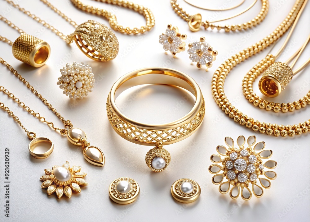 Elegant gold jewelry and accessories, including necklaces, earrings, and rings, scattered across a clean white background, showcasing luxury and sophistication. Elegant gold jewelry and accessories, including necklaces, earrings, and rings, scattered across a clean white background, showcasing luxury and sophistication.